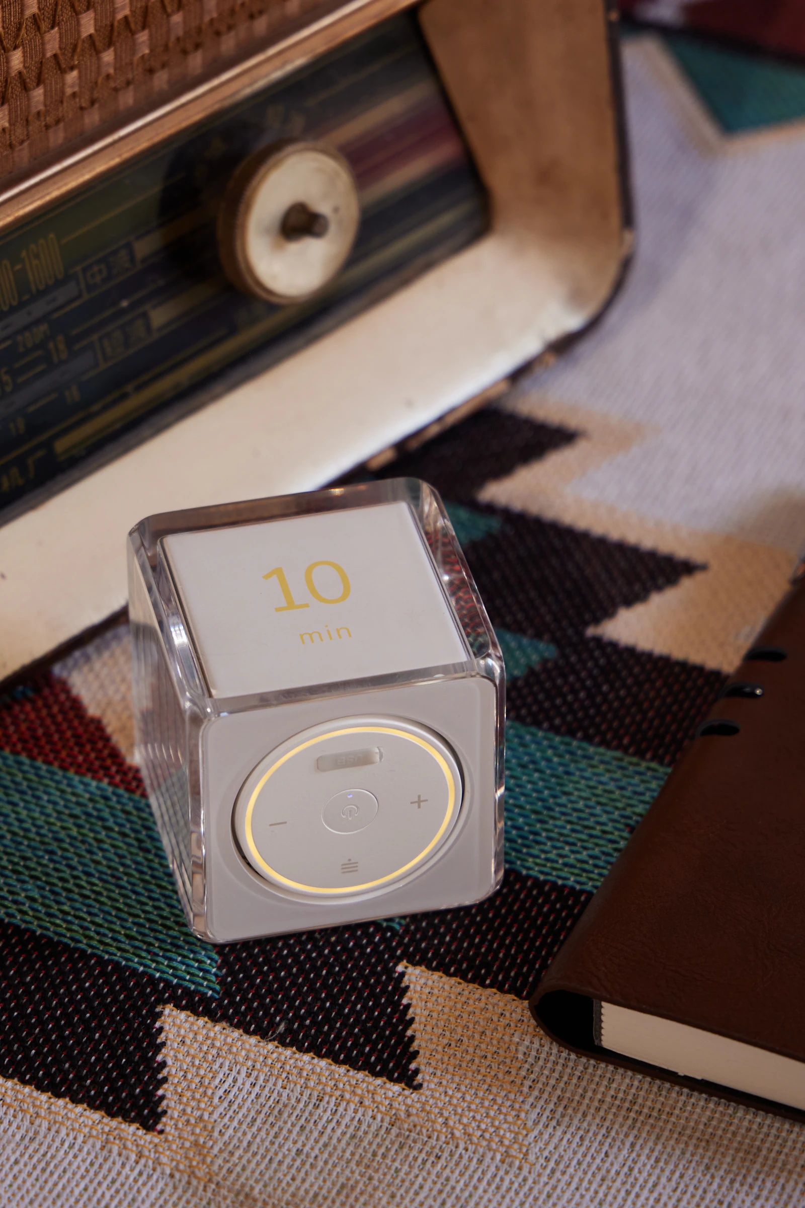 Settledy on patterned fabric beside a vintage radio and notebook