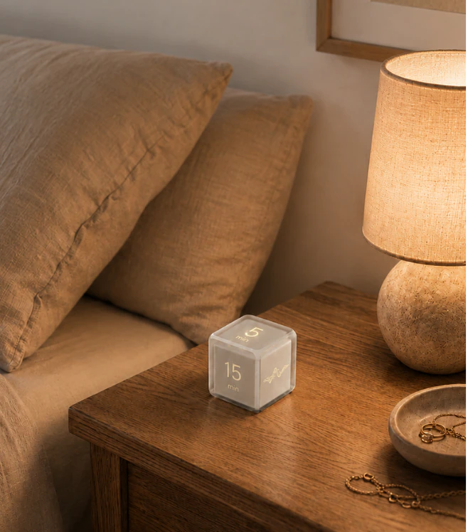Settledy on a wooden bedside table beside a glowing lamp