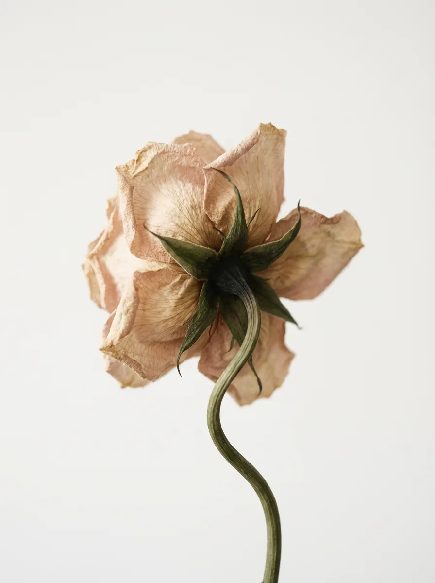 A dried blush rose on a pale background