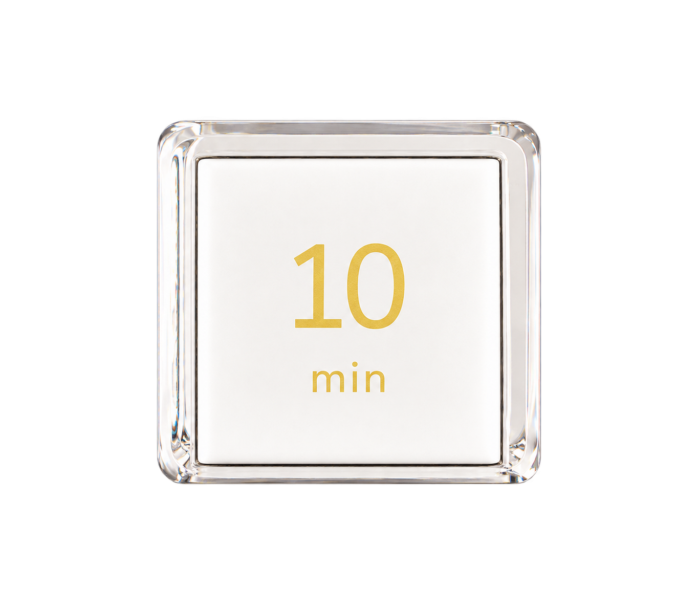 Settledy's clear cube with the 10 minute face forward