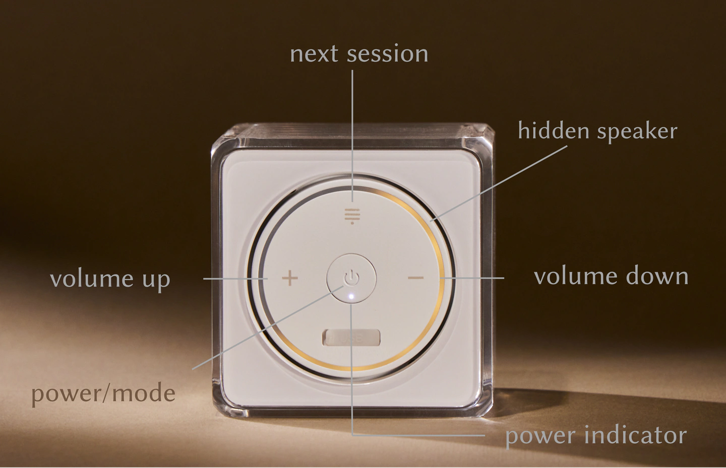 Settledy's control face annotated with next session, hidden speaker, volume up and down, power/mode, and power indicator