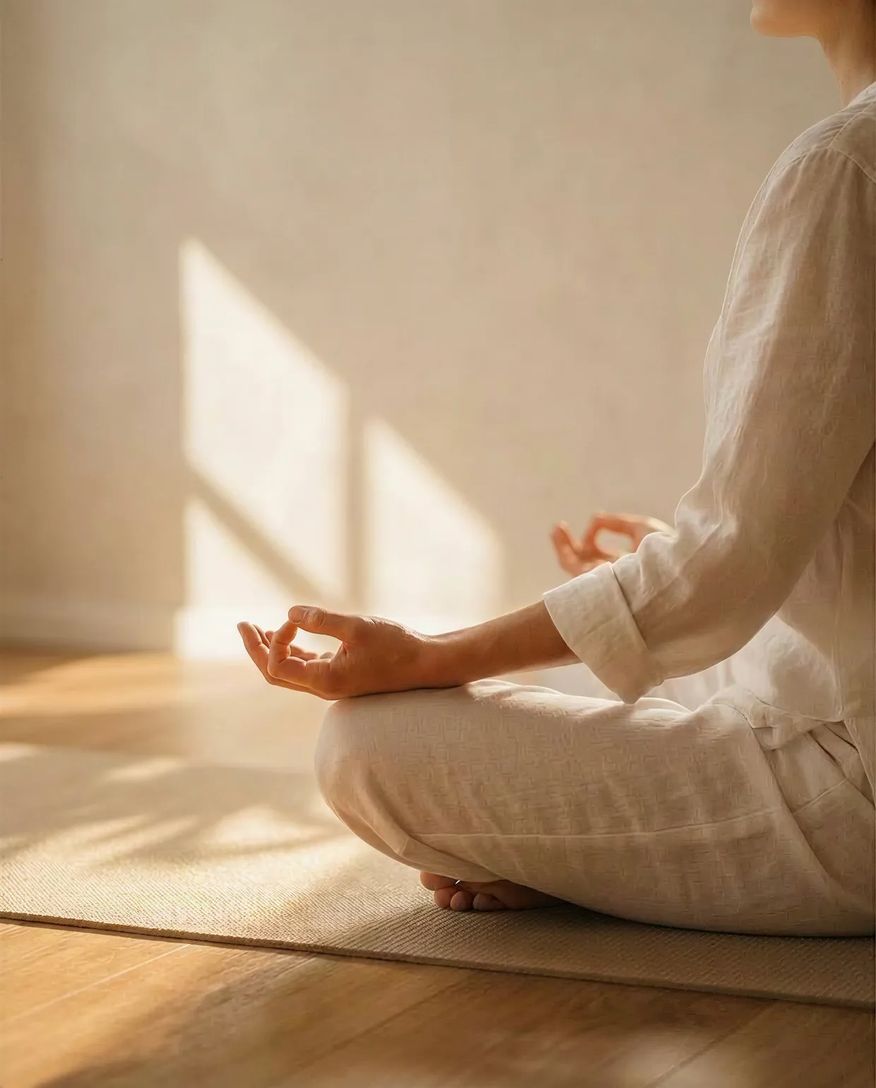 Guided Meditation mode — person seated in quiet, sunlit practice