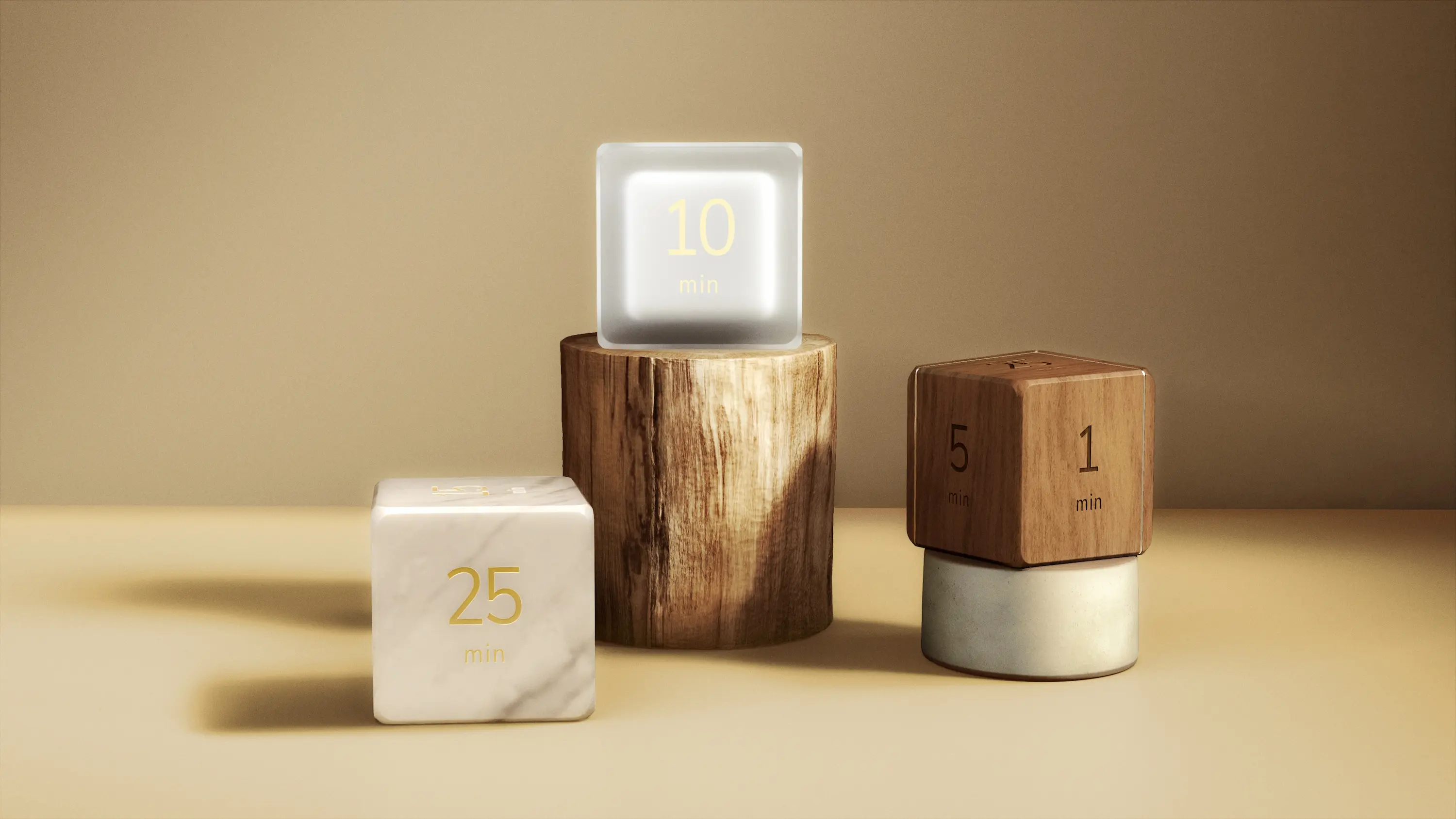 The Settledy collection — frosted glass, marble, and walnut timer cubes on warm pedestals